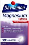 Davitamon Magnesium 400 mg, 30 hoog gedoseerde tabletten. Paarse doos met een witte pil.