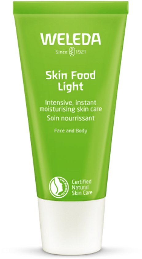 Groene Weleda Skin Food Light tube met witte dop. Tekst: intensive, instant moisturising skin care.