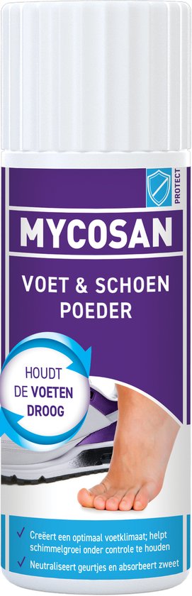 MYCOSAN VOET & SCHOEN POEDER: fles met paarse en witte etikettering, toont een voet en schoen. 'Houdt de voeten droog'.