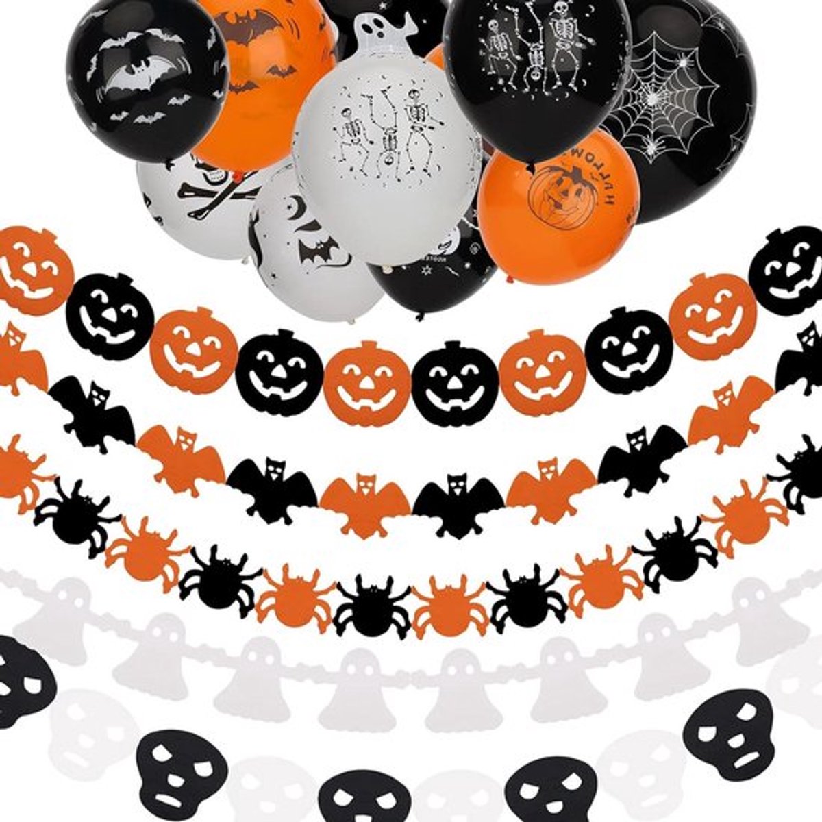 Banners en ballonnen voor Halloween-feest - 5 banners, 25 schedels
