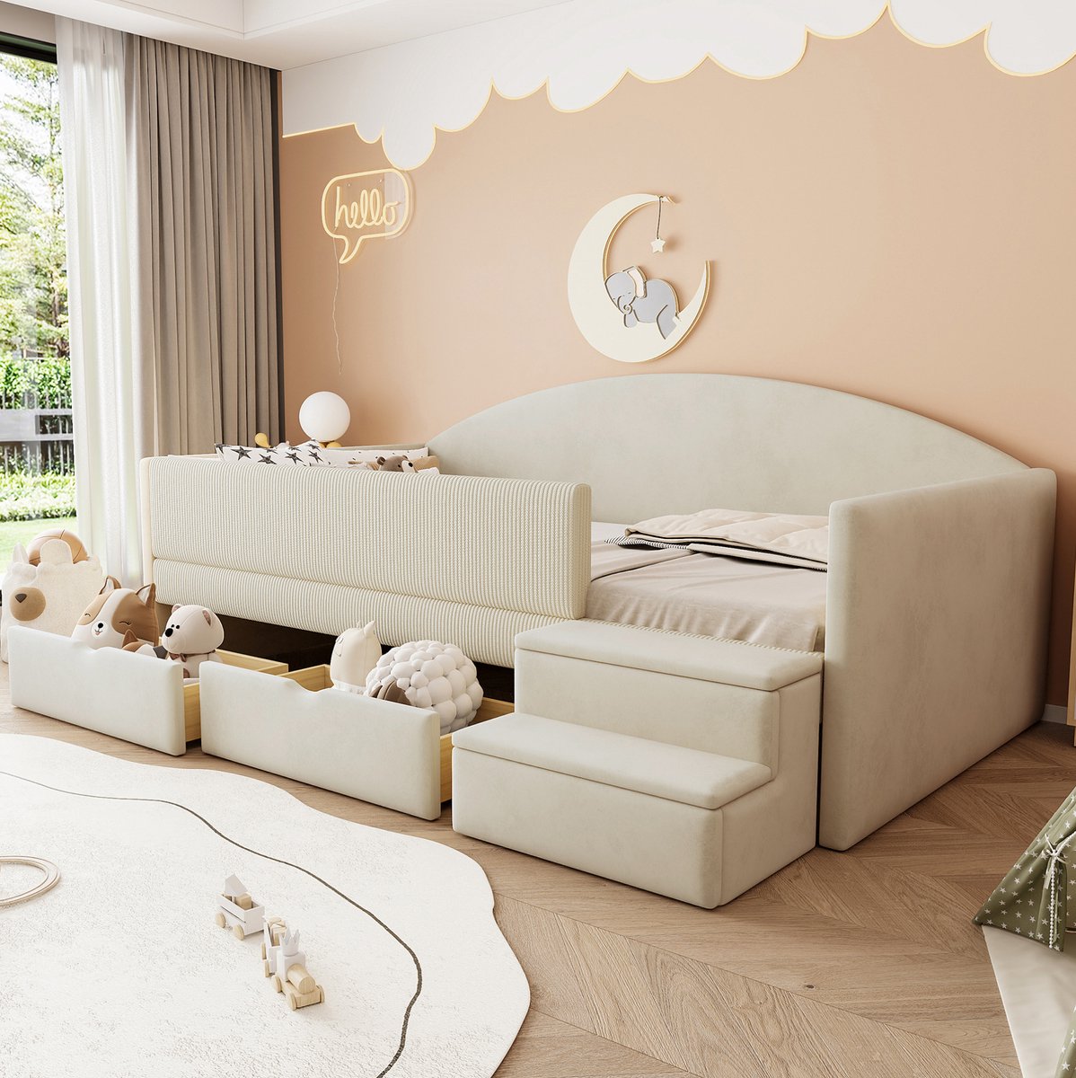 MEUNIQ gestoffeerd kinderbed 90x190 cm met 2 lades, opstap en veiligheidshek, bedbank met lattenbodem voor kinderkamer, beige