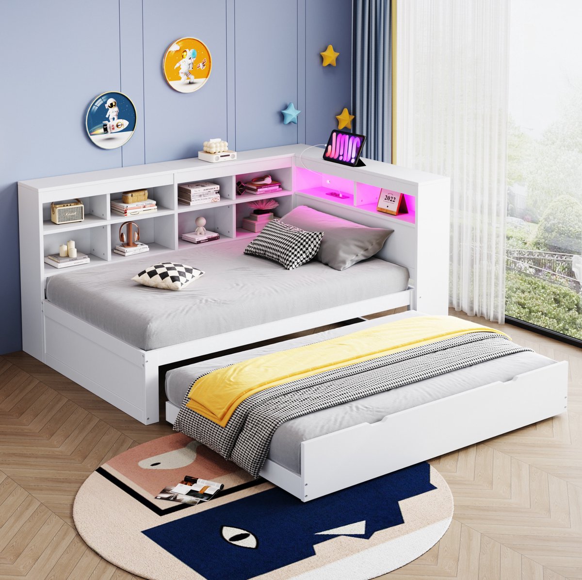 MEUNIQ slaapbank 90x200 cm met uitschuifbed 90x190, USB-aansluiting, LED-verlichting, planken en opbergvakken, eenpersoonsbed van hout voor slaapkamer of logeerkamer, wit