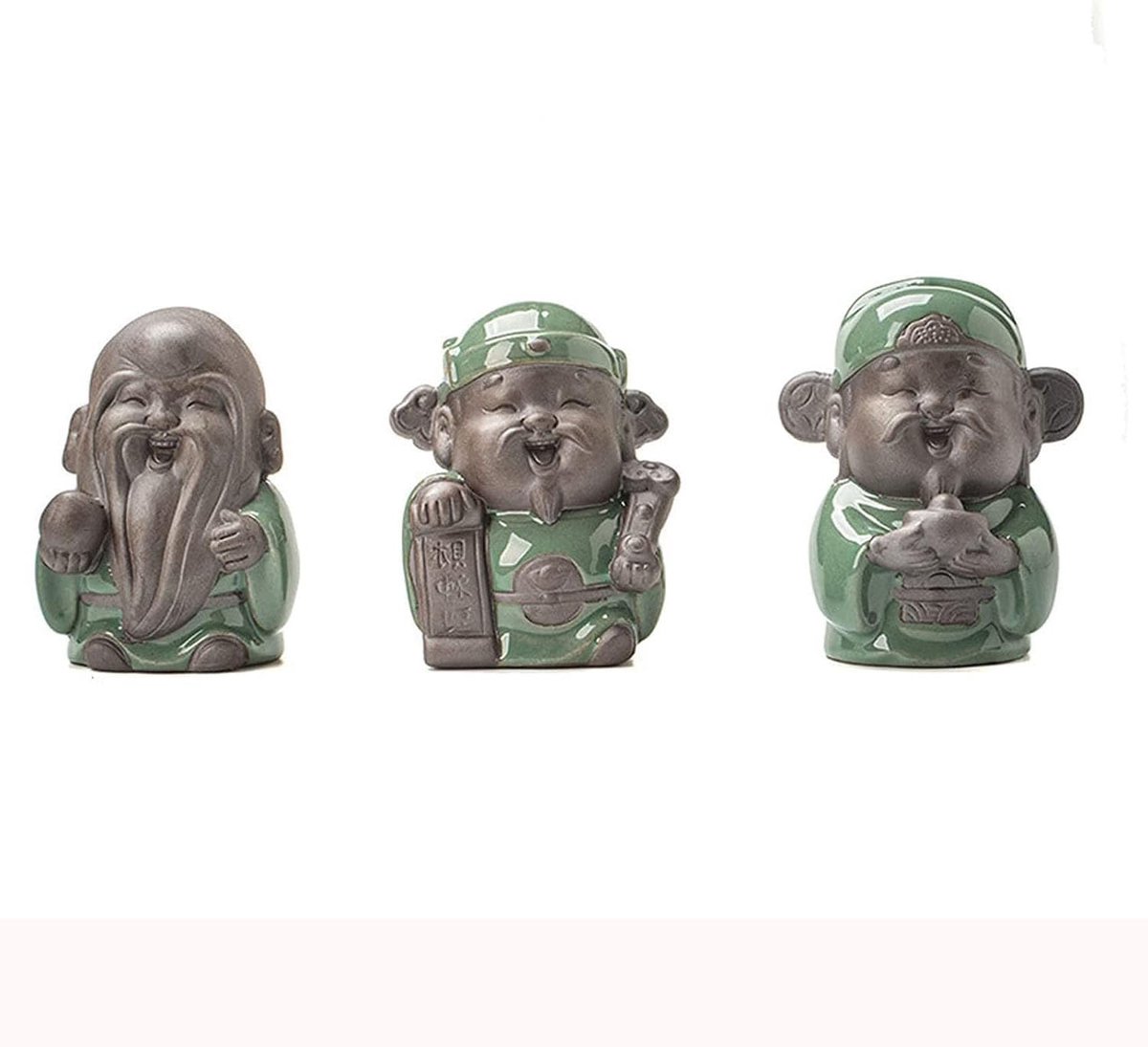 Keramische Goden Beeldjes - Fu Lu Shou Sculptuur - Huisdecoratie - Handgemaakt Keramiek - 3 stuks - Groen