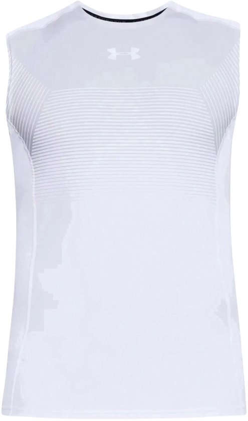 Witte Under Armour mouwloze sporttop met horizontale strepen op de borst en Under Armour logo.