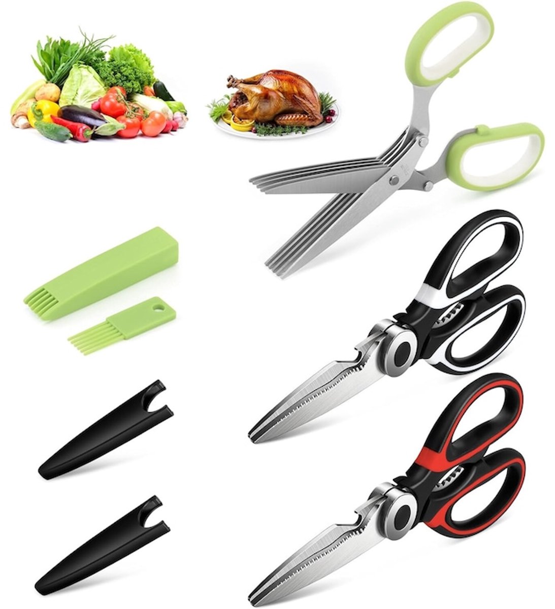 Keukenschaar Set - 2 vleesschaar+1 groenteschaar - TENZHVXI® - Roestvrij staal - Inclusief: beschermhoes en schoonmaakkam - Voor kruiden, vlees, pizza - Groenten