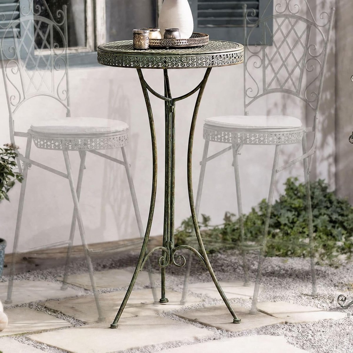 Statafel Ornament - Buitenmeubel Metaal - Terras Decoratie - Nostalgische Flair - Ø 56 x H 107 cm - Mintgroen