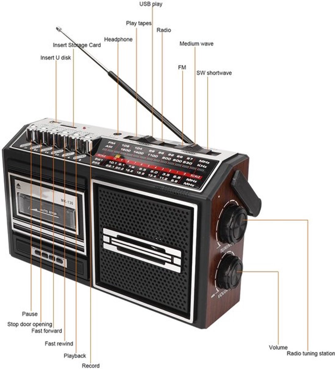VT Goods - Retro boombox met radio - Draagbare cassetterecorder - USB