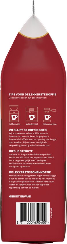 Rode achterkant Douwe Egberts verpakking met koffietips en barcode.