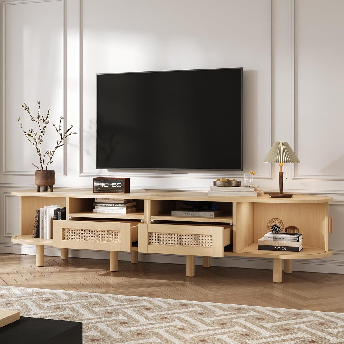 TV Meubel 170x40x40 cm – Retro Modern Lowboard met Rotan Schuifdeuren en 2 Lades – Walnoot Houtkleur TV Kast voor Woonkamer tot 70 inch – Mobili Bella