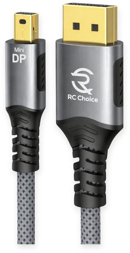 Mini DisplayPort- en DisplayPort-connectoren, zilvergrijs met zwarte gevlochten kabel en het "RC Choice"-logo.