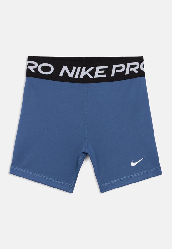Blauwe Nike Pro short met een zwarte elastische band met witte 'NIKE PRO' tekst.