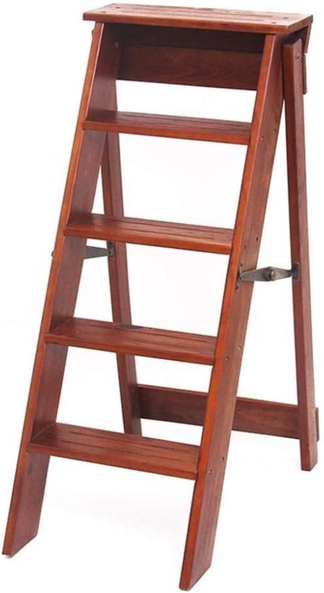 Opvouwbare Houten Opstap - Opstapje Kruk - Huishoudelijk Gebruik - Antislip Voetjes - 3 Treden - Bruin