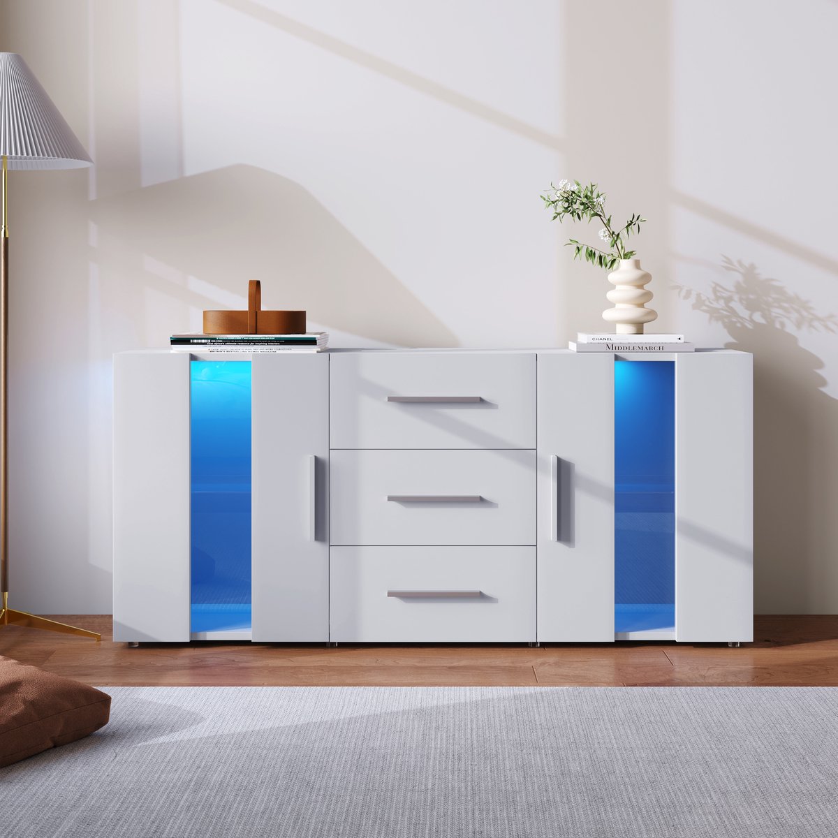 DESMIU Dressoir Met Led Verlichting En Opbergruimte Voor Woonkamer En Eetkamer Van Wit Mdf 140 X 35 X 70 Cm