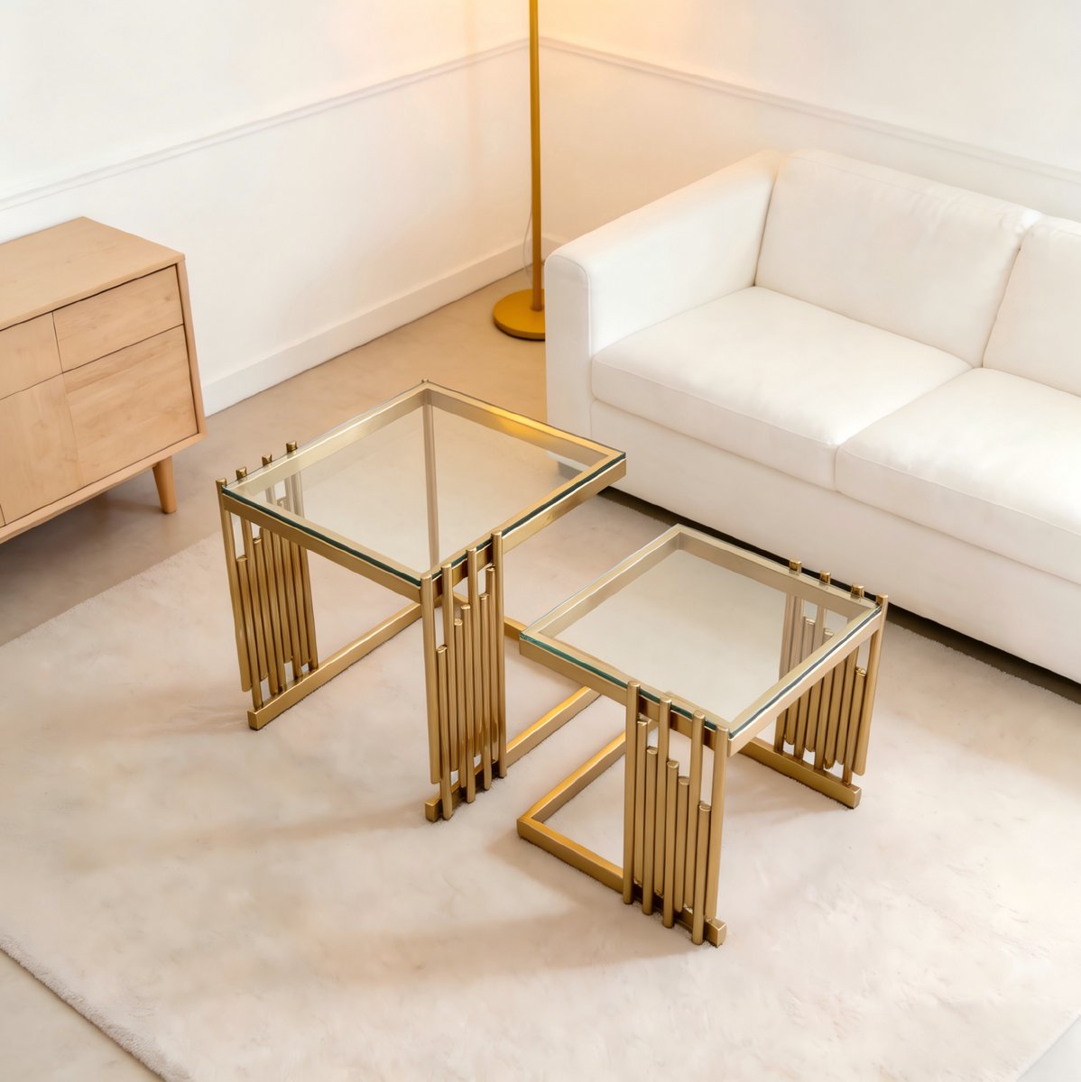 OKWISH Bijzettafel Set - 2-delig - Vierkant Design - Voor Woonkamer Slaapkamer Of Balkon - Glas En Rvs Goud Transparant Goud En Transparant
