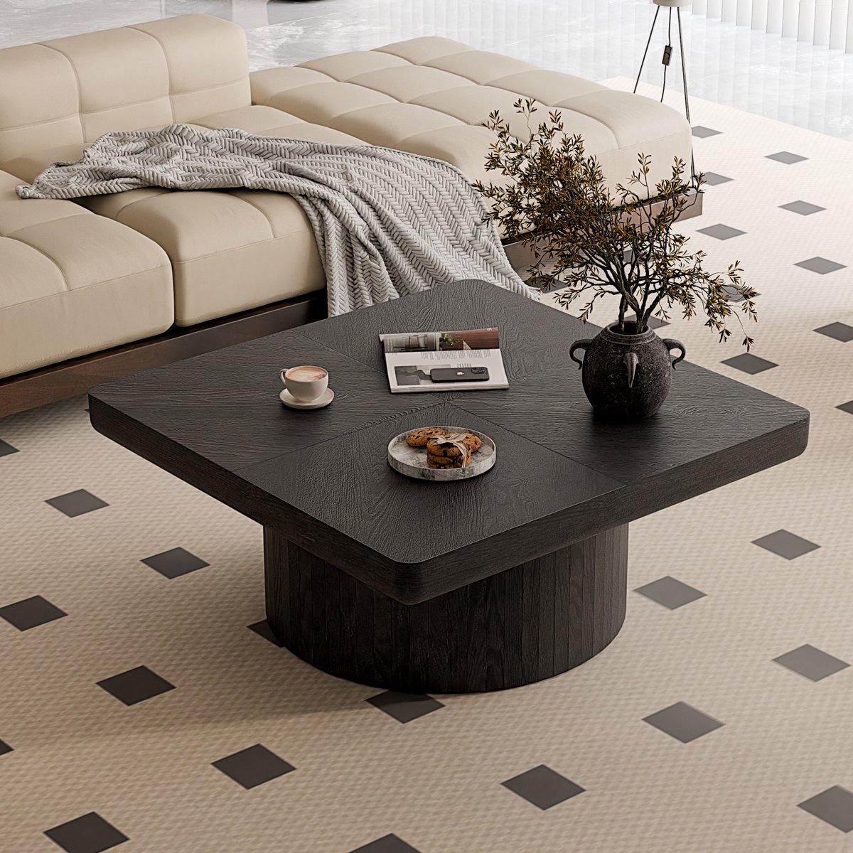 OKWISH Salontafel – Vierkant Design Met Parketpatroon – Voor Woonkamer – Hout En MDF Zwart