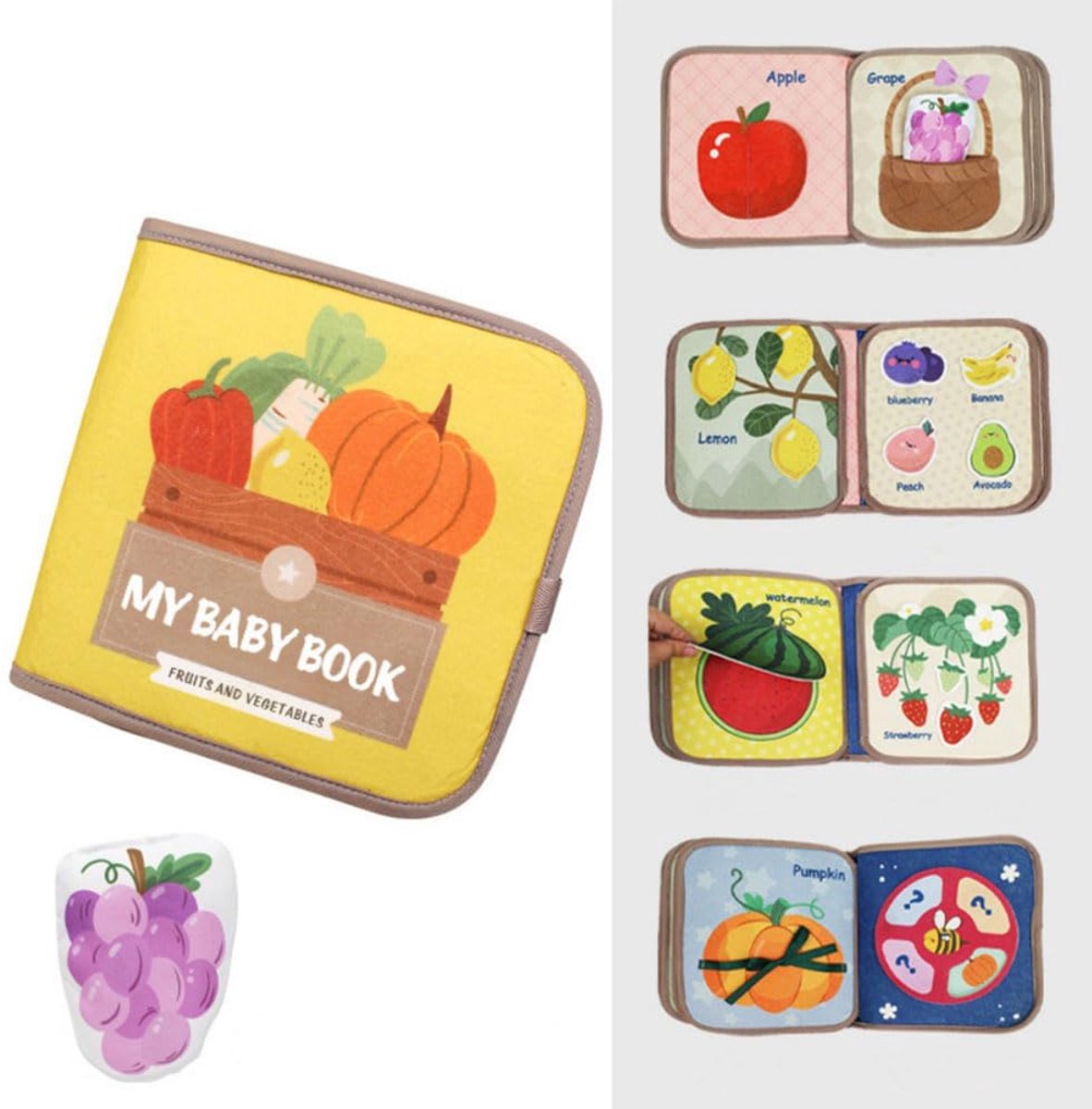 COOAU - Montessori Speelgoed - Baby stoffen prentenboek - Stoffen speelgoed – Sensorisch Activiteitenboek – Educatief speelgoed – Vanaf 1 Jaar - Fruit en groenten - Geel