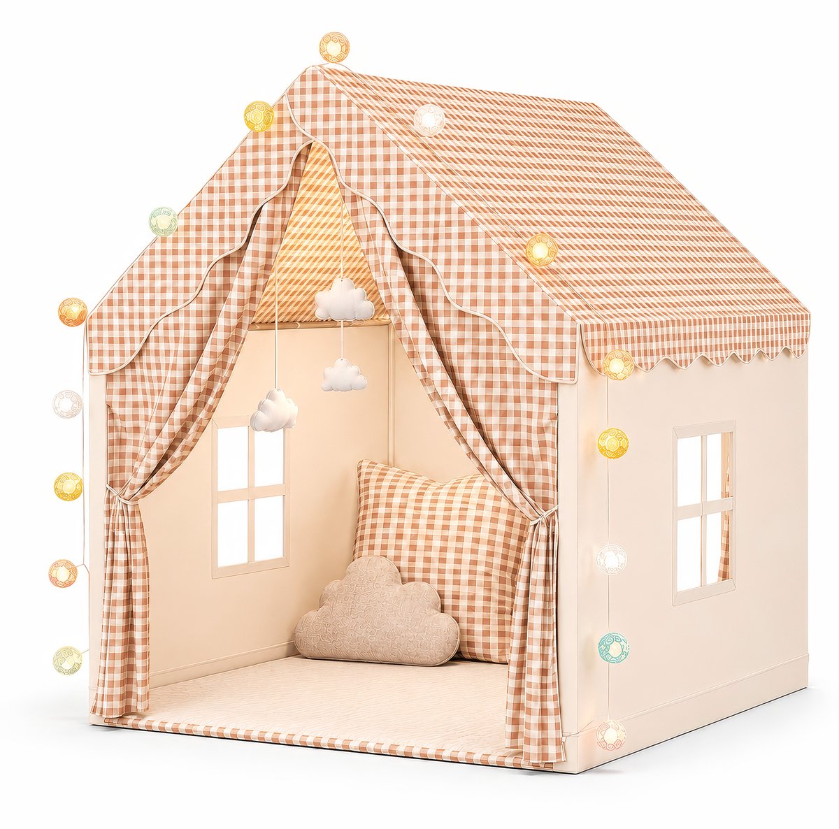 Lemlit Kindertent -Kinder speelhuis met speelmat en lichtslinger - Speeltent voor binnen met ramen en wolkendecoratie - 120 x 105 x 128 cm - Khaki