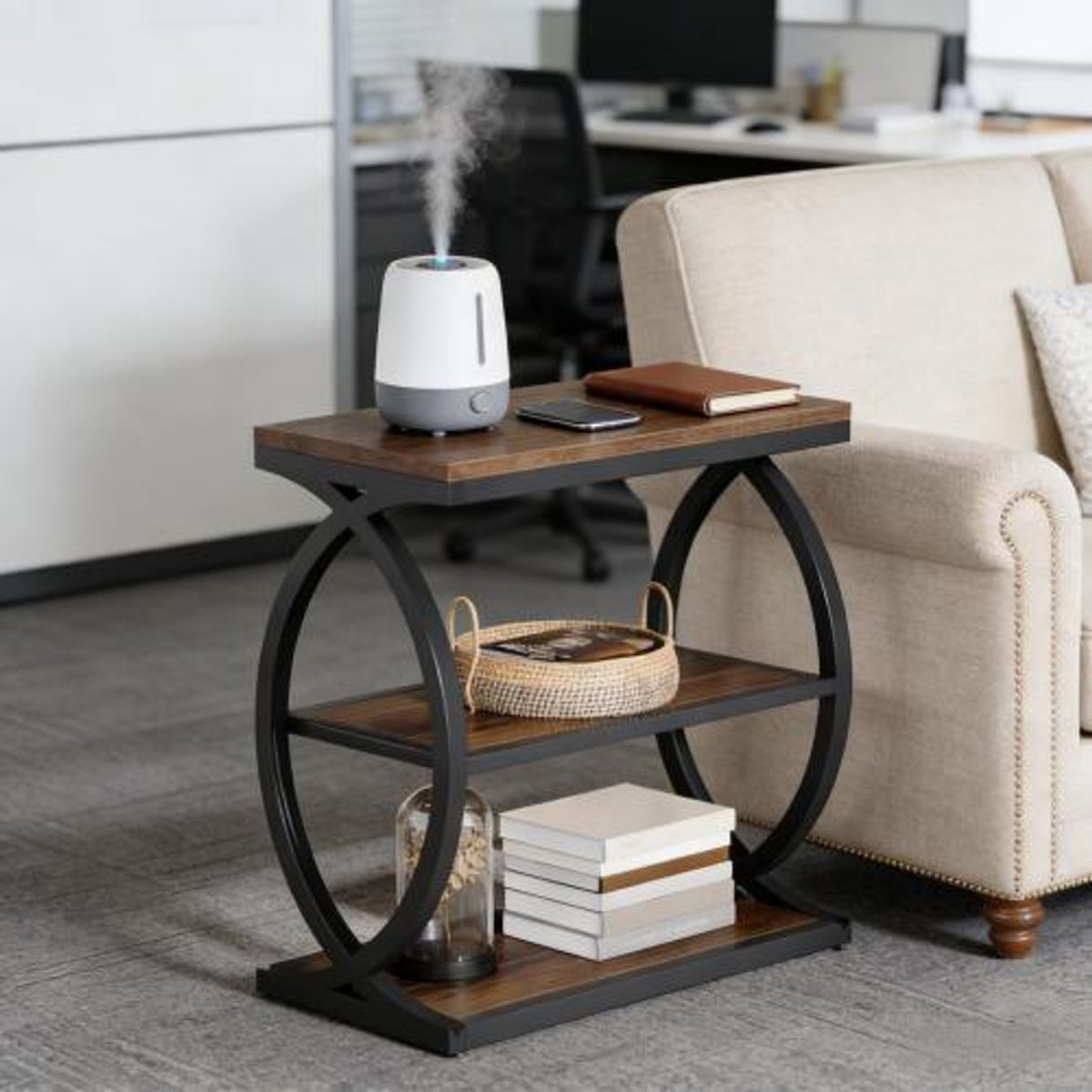 OKWISH Bijzettafel - Industriële Farmhouse Stijl - 3 Open Planken - Voor Woonkamer Slaapkamer Hal - Metaal Hout - 60 cm