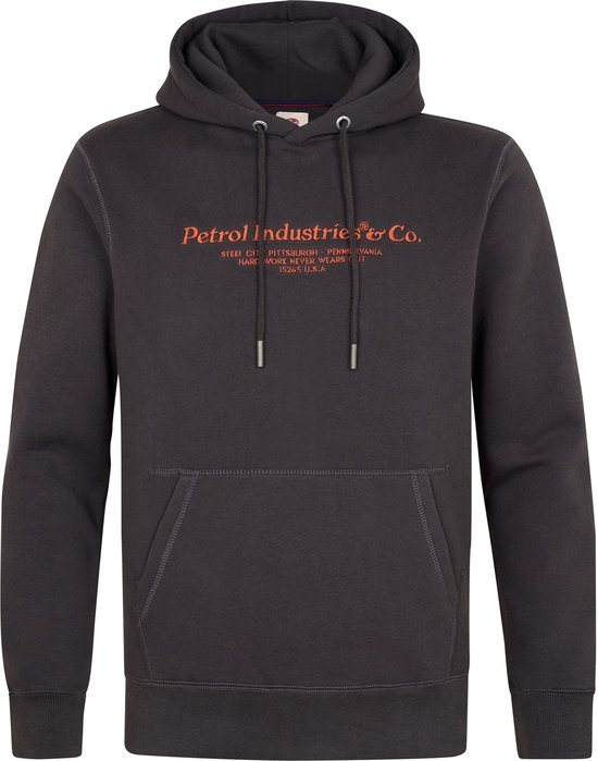 Donkere hoodie met oranje opdruk 'Petrol Industries & Co. STEEL CITY PITTSBURGH - PENNSYLVANIA HARD WORK NEVER WEARS OUT 15254 U.S.A.'.