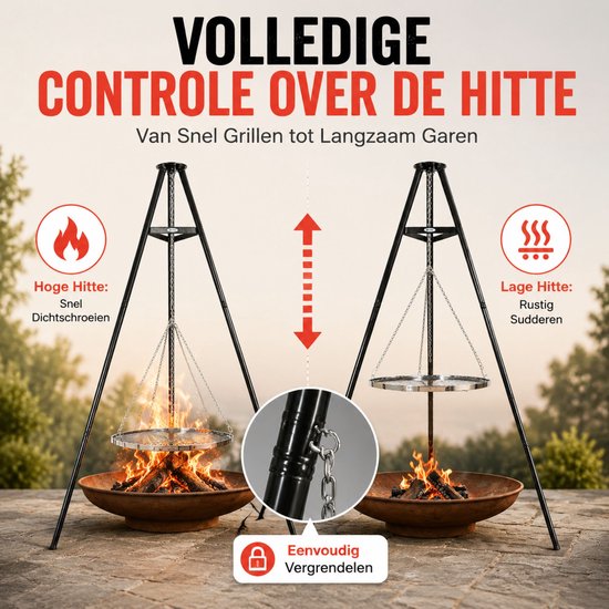 HEAT Outdoor Living Driepoot met Grillrooster (172 cm) - Zwart Staal Stativ - Driepoot Barbecues - Grillrooster 65 cm van Merkloos — afbeelding 5