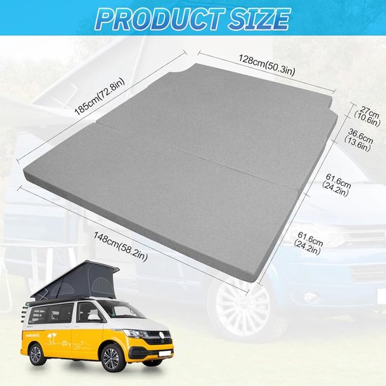 Vouwmattress - Kampeermatras Campermatras - Comfortabel Slapen - Speciaal voor VW Bus - 185 x 148 x 8 cm - Grijs — afbeelding 5