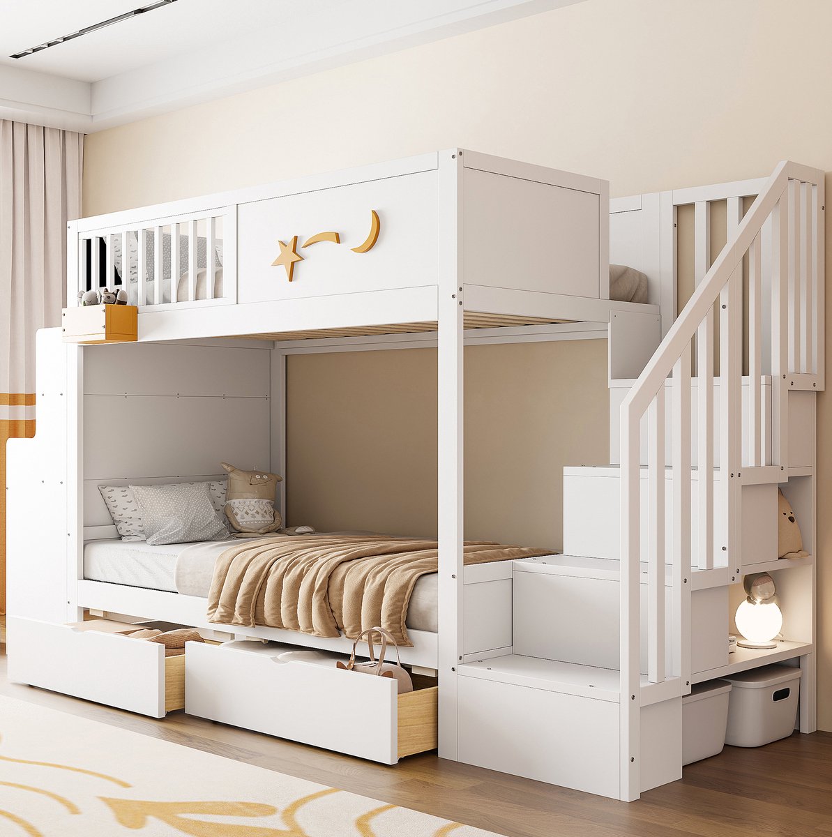 COVREO Stapelbed met bureau – Hoogslaper met lades en trap – Kinderbed voor kinderkamer – 287,8x95,1x166 cm – Wit - zonder matras