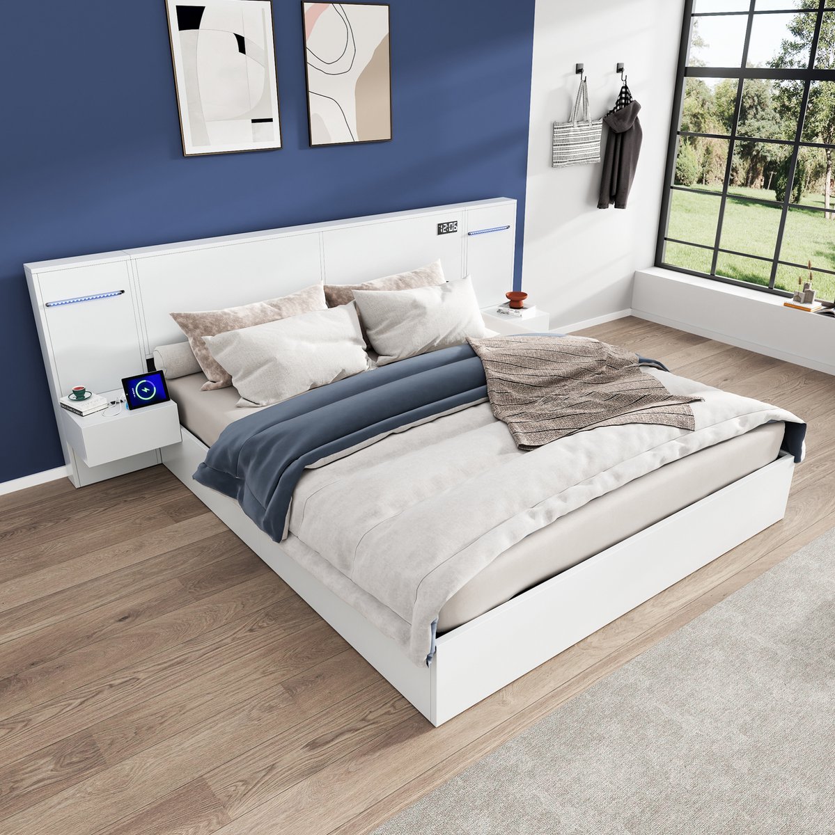 Tweepersoonsbed 160*200 cm, houten bedframe, met USB-poort, digitale klok, Bluetooth-luidspreker, gekleurde ledstrip, geïntegreerd matras, 2 nachtkastjes (zonder lades), matras niet inbegrepen, wit.