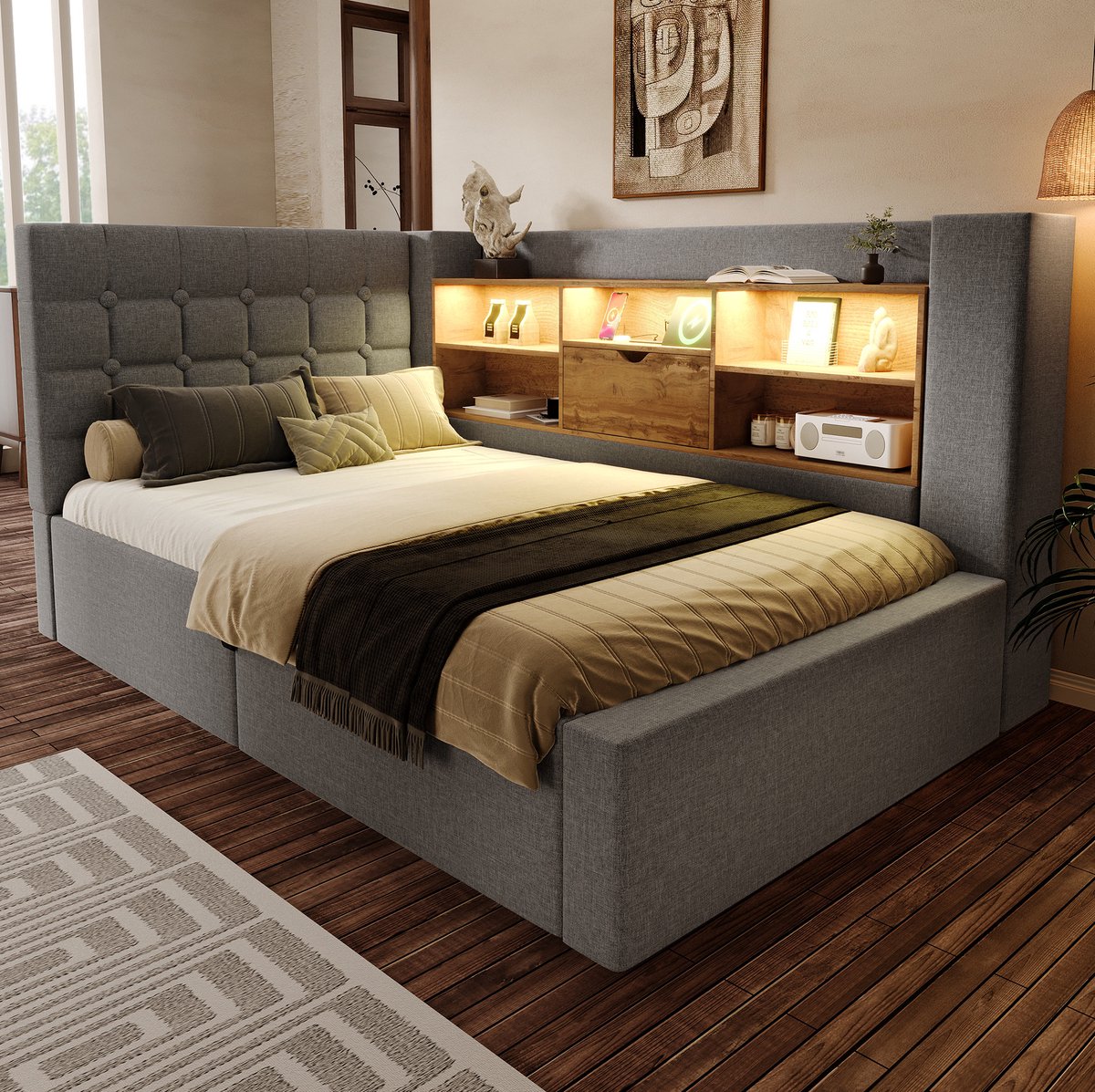 COVREO Ledikant met LED en opbergruimte – 90x200 cm – Bedframe van linnen en metaal – met L-vormig hoofdbord – Grijs - zonder matras