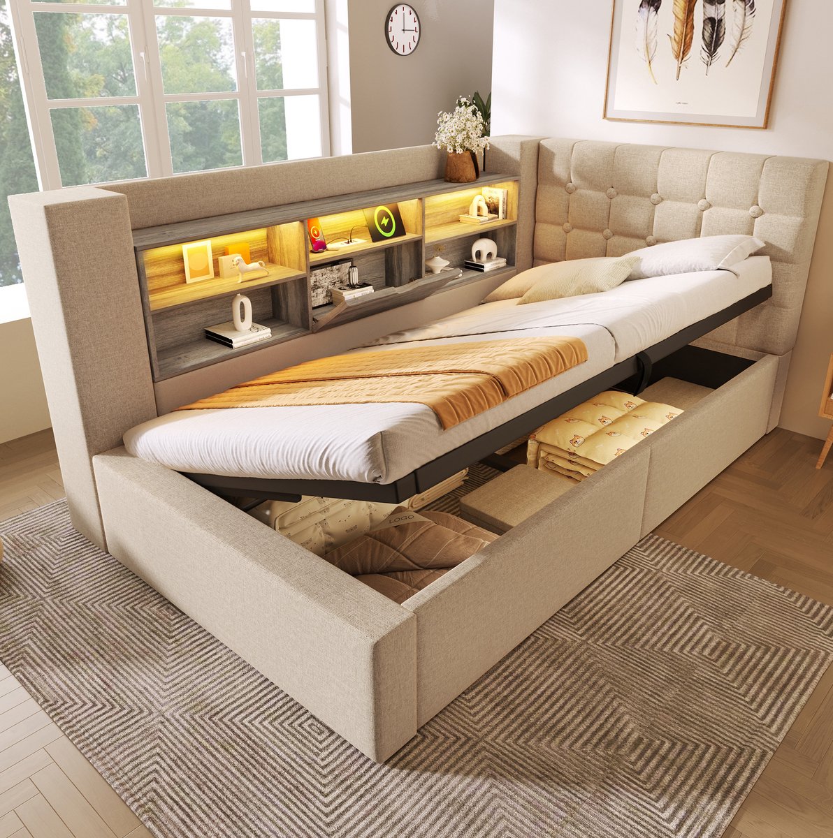 COVREO Bedframe met LED en opbergruimte – 90x200 cm – Slaapbed van linnen en metaal – voor slaapkamer – Beige - zonder matras