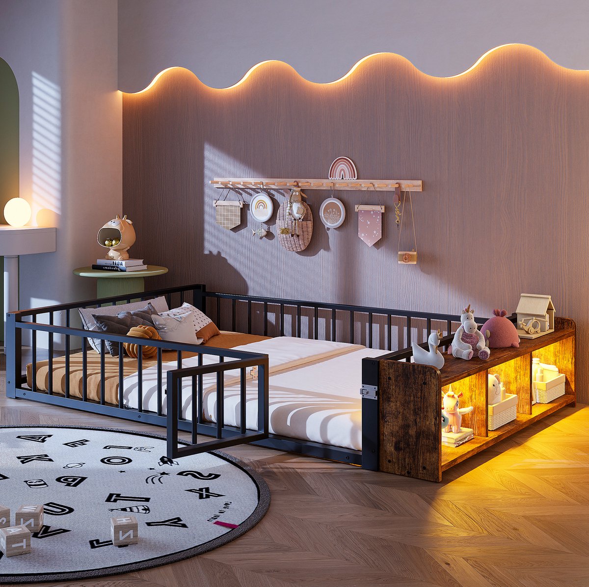 COVREO Bed 140x200 cm zwart metaal en MDF, met opbergruimte en LED