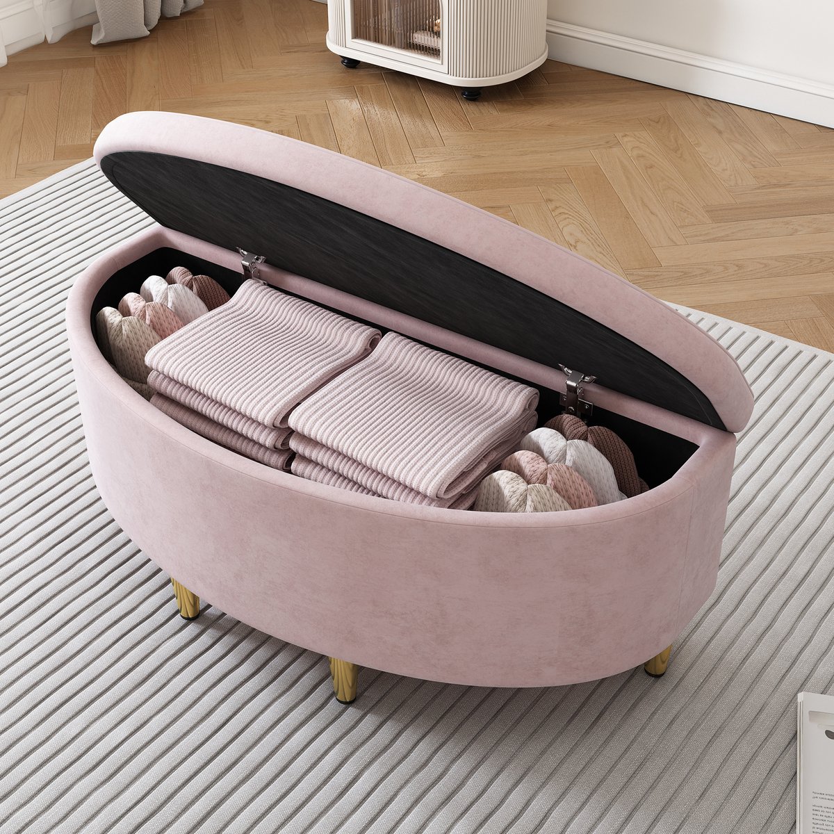 COVREO Bankje 90 x 40 x 42 cm roze velvet, met opbergruimte en metalen poten
