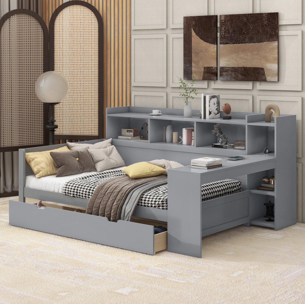 COVREO Bedbank met bureau, USB en stopcontact – 229,5x121,8x110 cm – Slaapbank met 2 lades en opbergvakken – Daybed voor slapen en studeren – Grijs - zonder matras