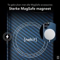 Blauw Neket Fiber telefoonhoesje met zwart rasterpatroon, compatibel met MagSafe.