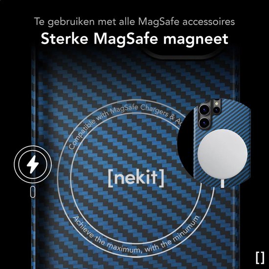 Blauw Neket Fiber telefoonhoesje met zwart rasterpatroon, compatibel met MagSafe.