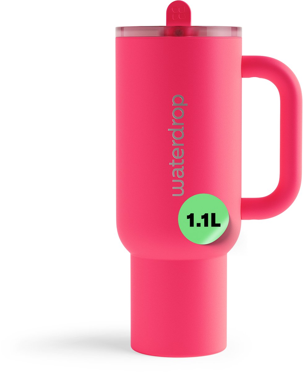 Waterdrop® Explorer Thermo Drinkbeker 1,1 L - 12 uur koud - Drinkbeker met rietje, handvat en lekvrij deksel - Neon Pink - Perfect voor ijskoude dranken