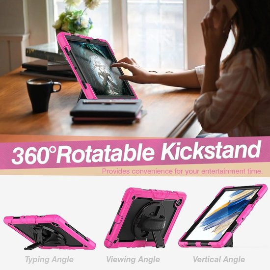 Étui avec protecteur d'écran intégré adapté au Samsung Galaxy Tab A8 | Comprend une dragonne et une bandoulière rotatives à 360° | Protection extrême | Idéal pour une utilisation professionnelle | Rose