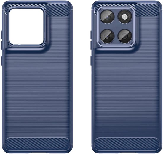 Blauw TPU hoesje met geborstelde textuur en carbon accenten op de hoeken en randen.