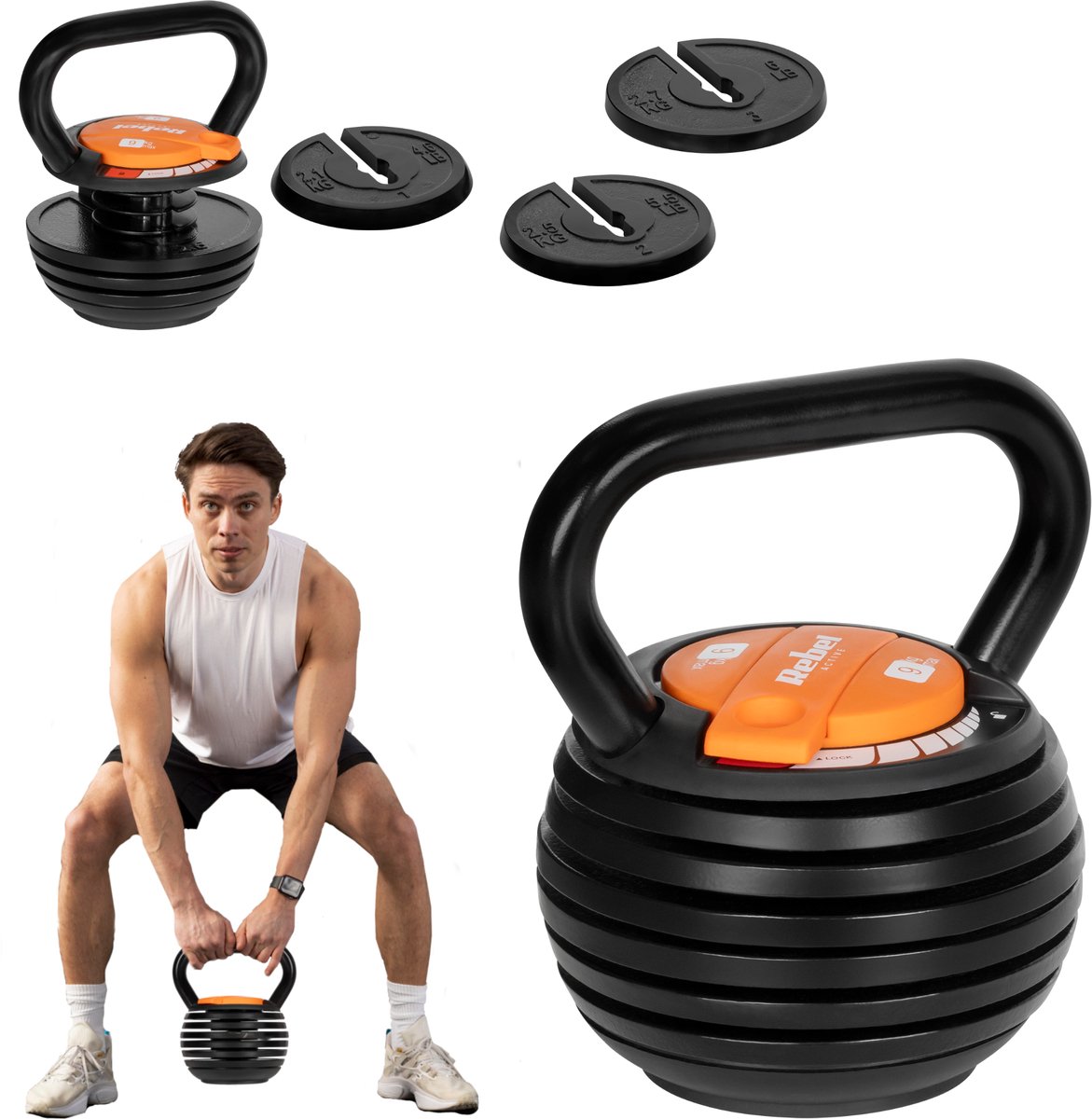 Rebel Active Verstelbare Gietijzeren Kettlebell 2,3 - 9 kg - Fitness Kettlebell - Krachttraining & Conditie - Zwart