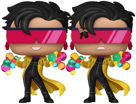 Twee Funko Pops van Jubilee, nummer 1536. Ze draagt een zwart pak met gele jas en roze bril. Eén met lachende mond, één met gespannen mond.