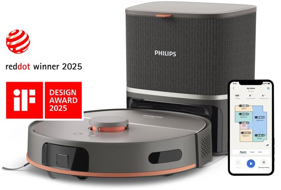 Grijze robotstofzuiger met roze accenten, een basisstation en een smartphone met de Philips app.