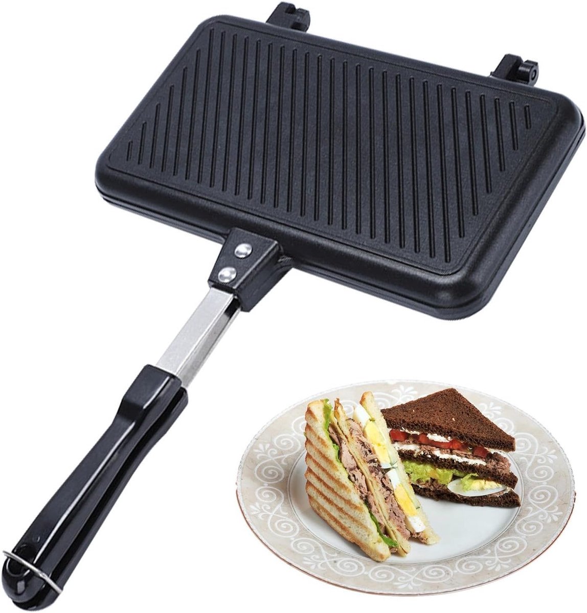 Dubbelzijdige Pan - Sandwichmaker Wafelpan - Ontbijt Maken - Afneembaar Ontwerp - 24 cm Breed - Zwart