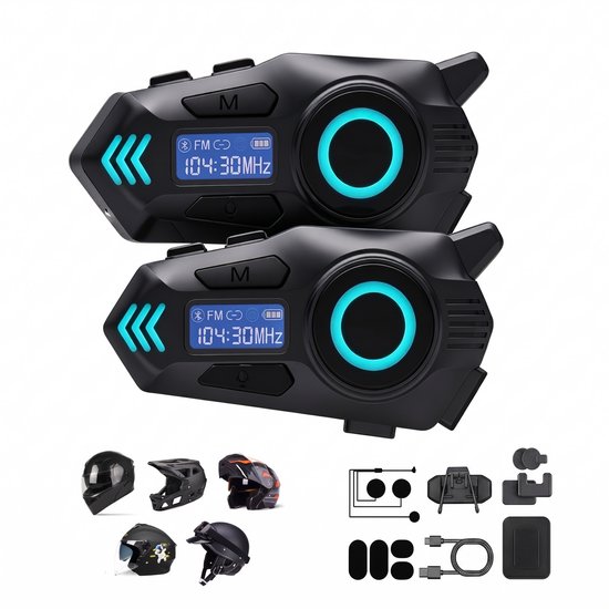 Twee zwarte motorhelm headsets met blauwe ringen, displays en montageclips.