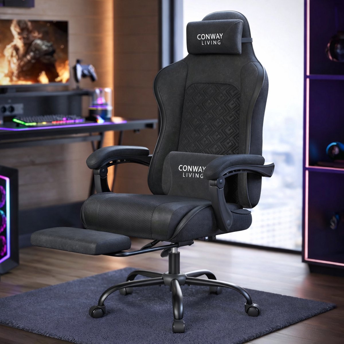 Conway Living® | Bureaustoel Ergonomisch met Verstelbare | Gaming Stoel | Rugleuning 90–135° | Kunstleer | Hoofd- & Lendekussen | Uitschuifbare Voetensteun | Ademend PU | Zwart – foto 7