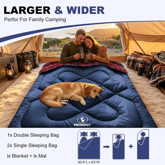 Dubbele Slaapzak - Tweepersoons Slaapzak - Kamperen en Reizen - Flanel Voering - 230 x 160 cm - Blauw-Rood — afbeelding 2