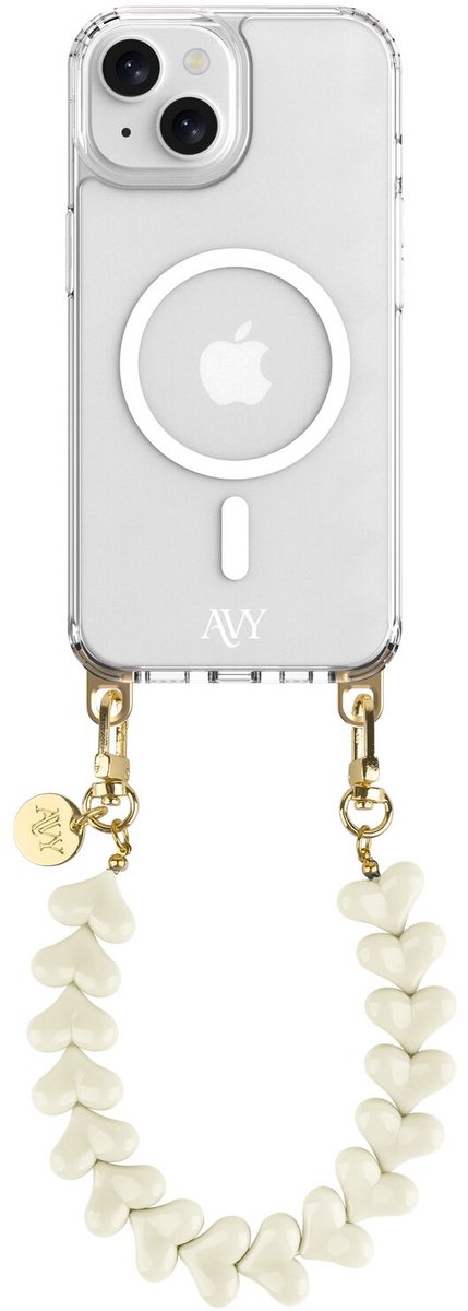 AVY Hoesje geschikt voor Apple iPhone 13 / 14 | Compatibel met MagSafe | Clear Case met Telefoonkoord 30CM | Polsband Cupid Beige