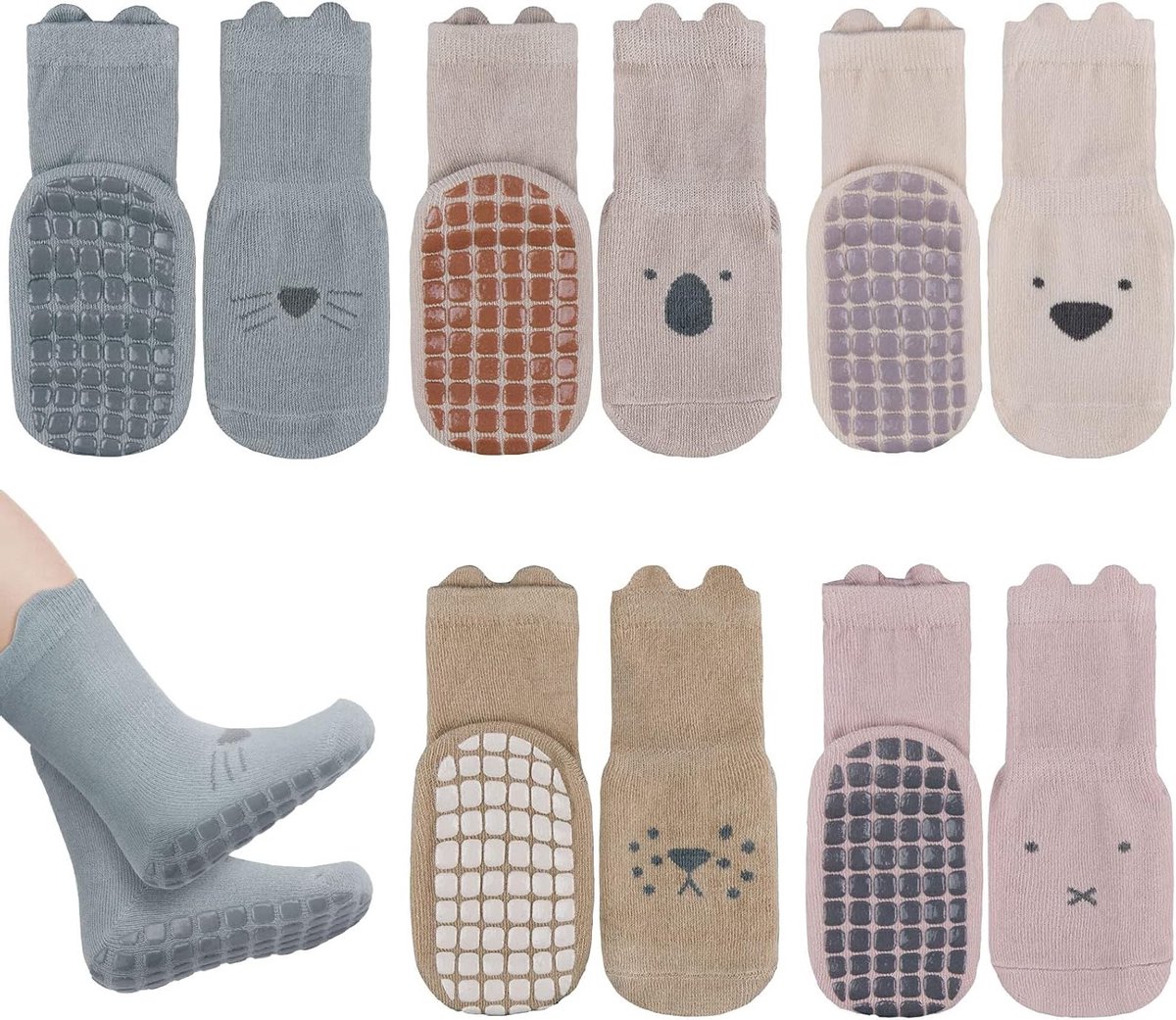 Comfortabele antislip babysokken, 5 paar met silicone onderkant, veilig voor 0-5 jaar, ideaal voor jongens en meisjes