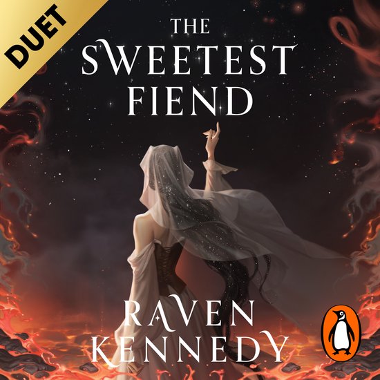 La couverture de 'The Sweetest Fiend' montre une femme en voile blanc, avec un corset et de longs cheveux noirs, debout devant un brasier sous un ciel étoilé.