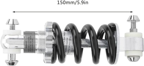 Zilverkleurige fiets schokdemper met zwarte veer, met maataanduiding 150mm/5.9in.