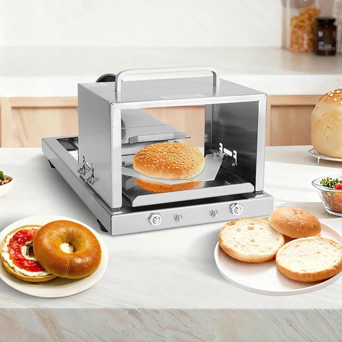 Brood Snijmachine - Broodsnijder Bakkerij - Hamburgerbroodjes Snijden - Verstelbare Dikte - 41 x 20 x 19 cm - Zilver