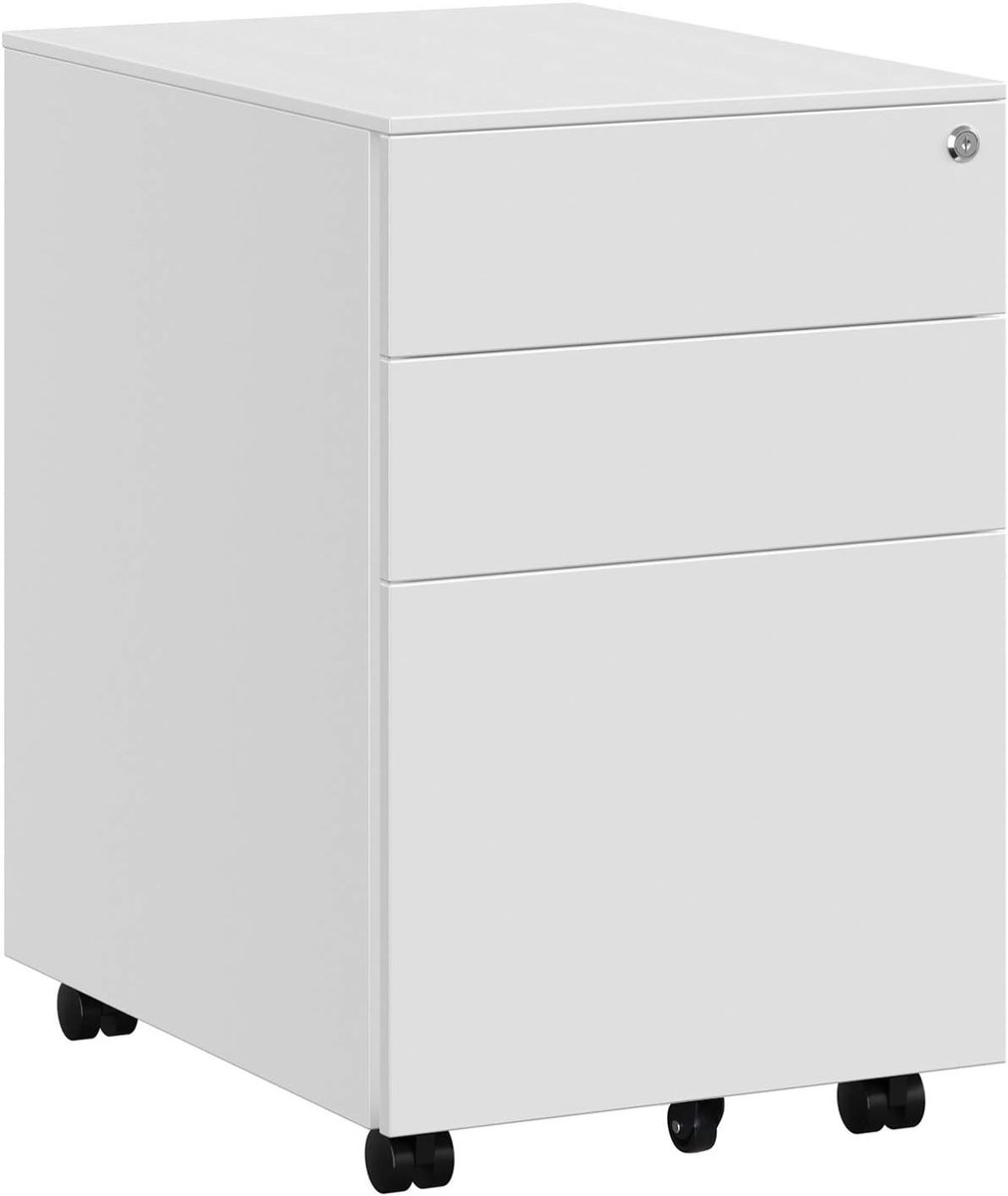 Conway Living® - Luxe Stalen Ladeblok Op Wielen - Met Slot - Verrijdbare Archiefkast Kantoor Kast - Mobiele Hangmap Bureau Kast - Afsluitbaar - 3 Laden - Wit - 52x39x60 cm